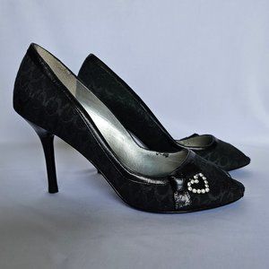 GUESS Black Monogrammed Peep-Toed Pumps